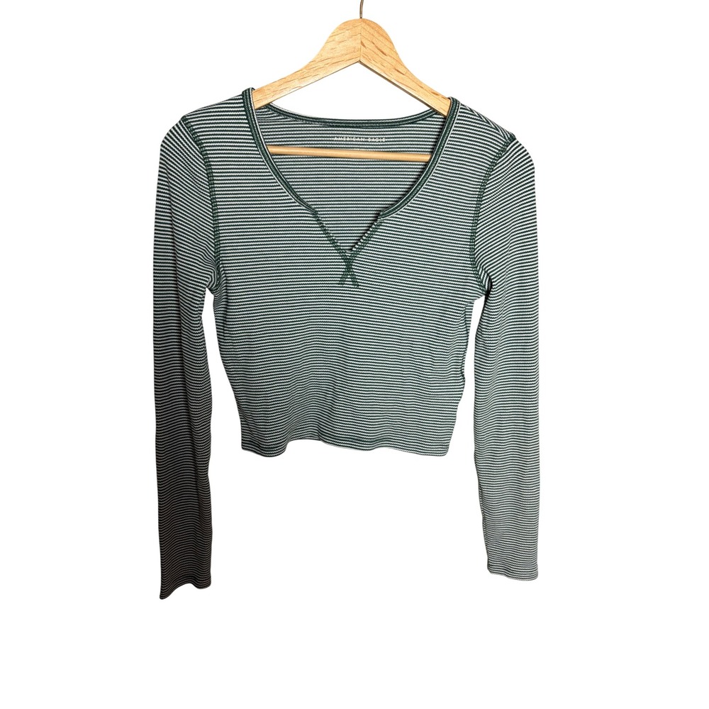 American Eagle Green White Striped Ribbed Knit Long Sleeve Crop Top Small